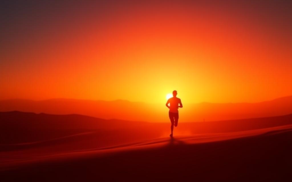 Silhouette of a runner against a vibrant sunrise in the desert